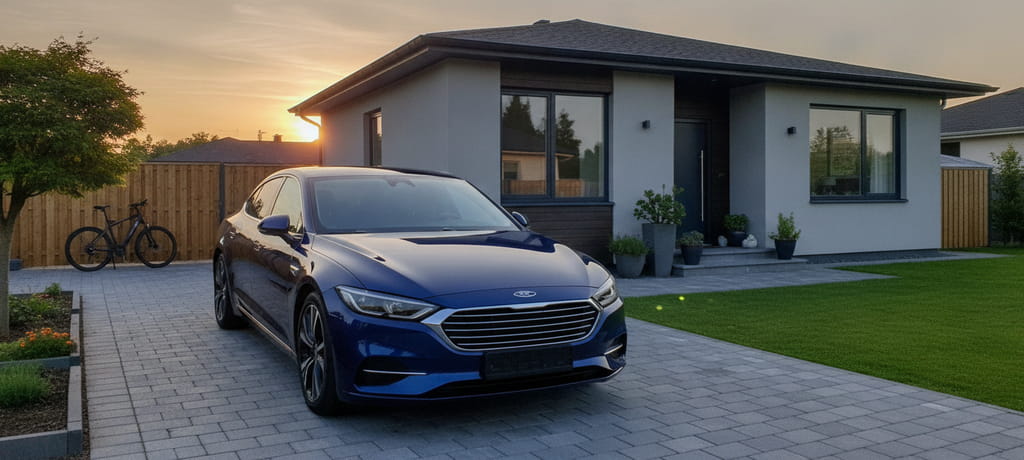 A calm driveway scene at sunset with a clean, well-maintained car parked beside a small tidy home, reflecting thoughtful care and balance between work and personal life, peaceful and reflective mood, no text or branding