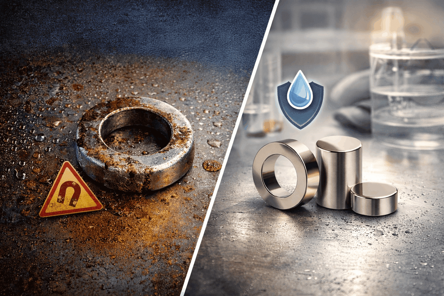 השוואה בין מגנט עם קורוזיה למגנטים נקיים בתהליך מניעת קורוזיה במגנטים לתעשייה השוואה בין מגנט עם קורוזיה למגנטים נקיים בתהליך מניעת קורוזיה במגנטים לתעשייה